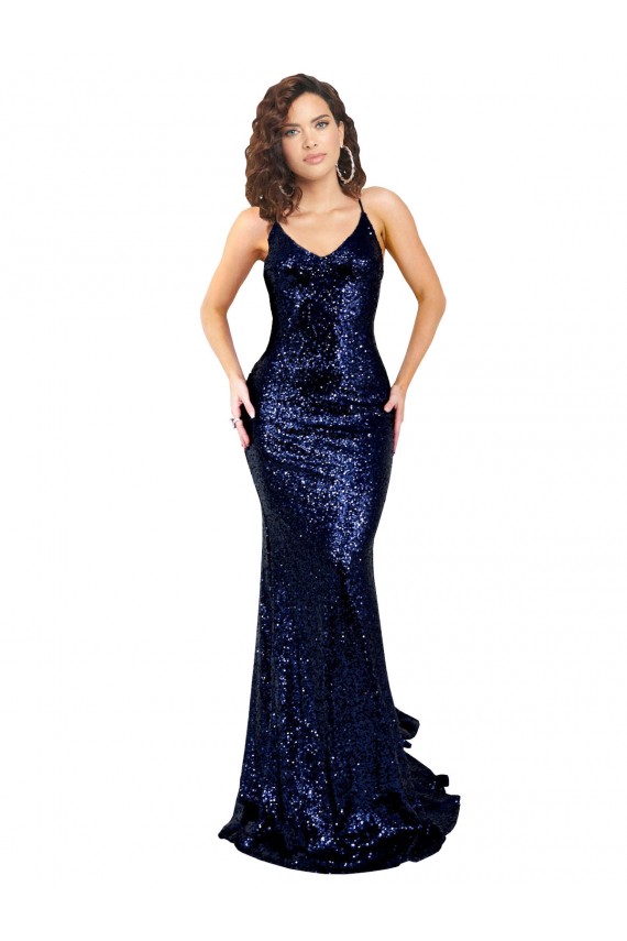Blu marino scuro Stile sirena Scollatura a V Paillettes Lunga Formali Abiti da damigella donore / Abiti da sera / Abiti da ballo Economici