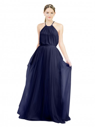 Blu navy 21 Linea A Capestro Alto Collo Tulle Lunga Abiti da damigella donore Economici