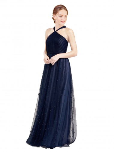 Blu navy 21 Linea A Capestro Tulle Lunga Abiti da damigella donore Economici
