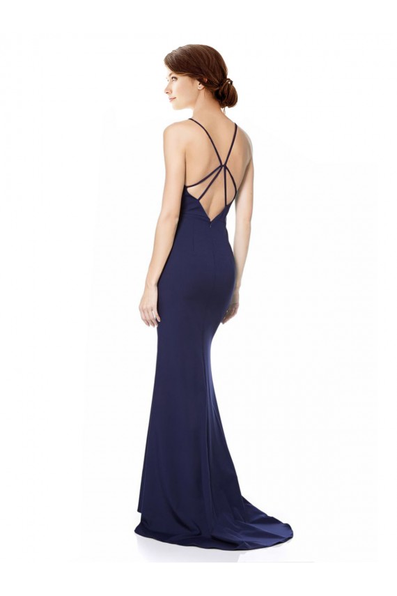 Blu navy Stile sirena Capestro Alto Collo Crespo Elastico Lunga Formali Abiti da damigella donore / Abiti da sera / Abiti da ballo Economici