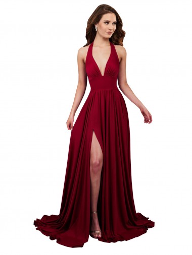 Borgogna Linea A Capestro Scollatura a V Spandex Lunga Formali Abiti da damigella donore / Abiti da sera / Abiti da ballo Economici