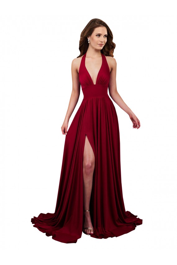Borgogna Linea A Capestro Scollatura a V Spandex Lunga Formali Abiti da damigella donore / Abiti da sera / Abiti da ballo Economici