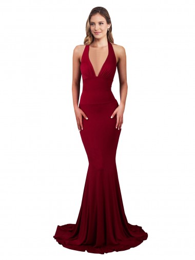 Borgogna Stile sirena Capestro Scollatura a V Spandex Lunga Formali Abiti da damigella donore / Abiti da sera / Abiti da ballo Economici