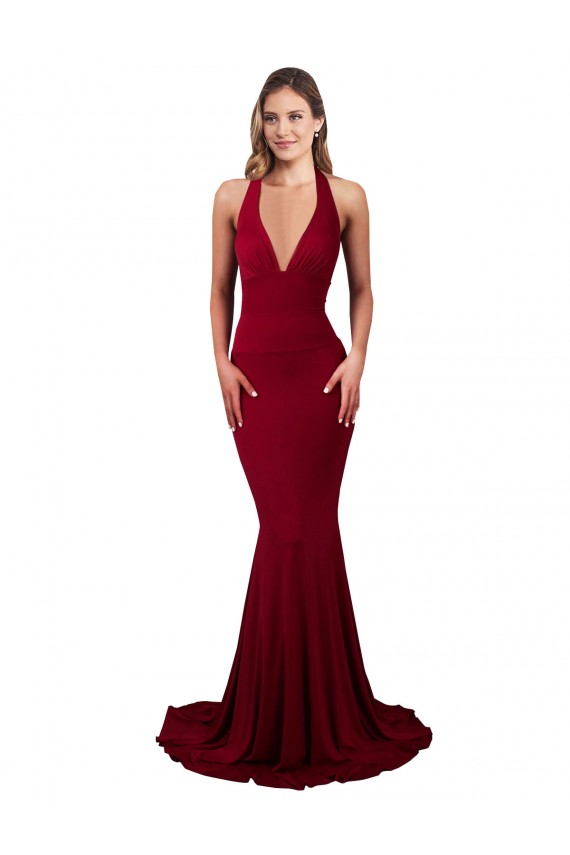 Borgogna Stile sirena Capestro Scollatura a V Spandex Lunga Formali Abiti da damigella donore / Abiti da sera / Abiti da ballo Economici