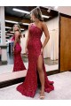 Borgogna Stile sirena Una spalla Sweep treno Paillettes Velluto Lunga Abiti da ballo Economici