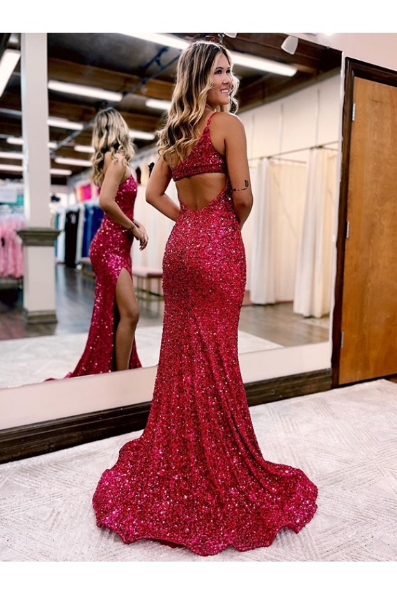 Borgogna Stile sirena Una spalla Sweep treno Paillettes Velluto Lunga Abiti da ballo Economici
