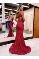 Borgogna Stile sirena Una spalla Sweep treno Paillettes Velluto Lunga Abiti da ballo Economici