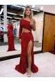 Borgogna Stile sirena Una spalla Sweep treno Paillettes Velluto Lunga Abiti da ballo Economici