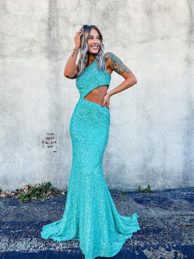 Colore Mostrato Stile sirena Una spalla Sweep treno Paillettes Velluto Lunga Abiti da ballo Economici