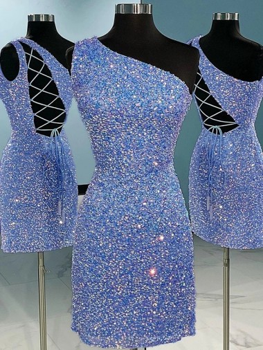 Colore Mostrato Tubino Una spalla Corto Paillettes Velluto Corto Abiti da ballo Economici