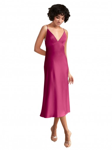 Fucsia Linea A Scollatura a V Midi Raso Elastico Corto Abiti da damigella donore / Abiti da sera / Abiti da cocktail Economici