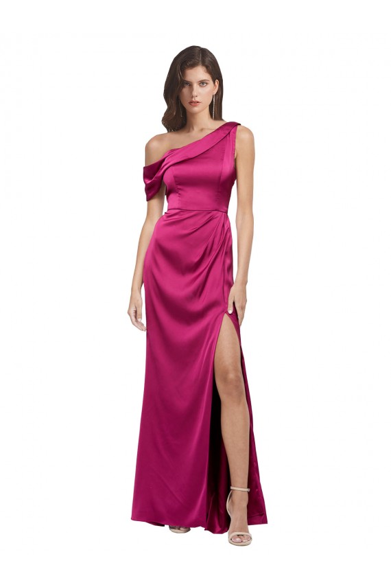 Fucsia Linea A Una spalla Raso Elastico Lunga Formali Abiti da damigella donore / Abiti da sera / Abiti da ballo Economici