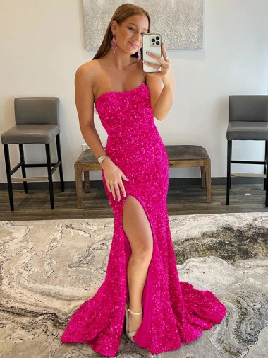 Fucsia Tubino Senza spalline Sweep treno Paillettes Velluto Lunga Abiti da ballo Economici