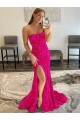 Fucsia Tubino Senza spalline Sweep treno Paillettes Velluto Lunga Abiti da ballo Economici