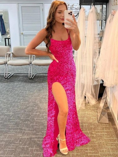 Fucsia Tubino Sottili Sweep treno Paillettes Velluto Lunga Abiti da ballo Economici