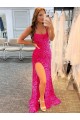 Fucsia Tubino Sottili Sweep treno Paillettes Velluto Lunga Abiti da ballo Economici