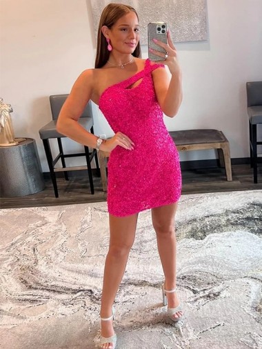 Fucsia Tubino Una spalla Corto Paillettes Velluto Corto Abiti da ballo Economici