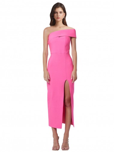 Fucsia Tubino Una spalla Midi Crespo Elastico Lunga Formali Abiti da damigella donore / Abiti da sera / Abiti da cocktail Economici