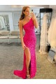 Fucsia Tubino Una spalla Sweep treno Paillettes Velluto Corto Abiti da ballo Economici