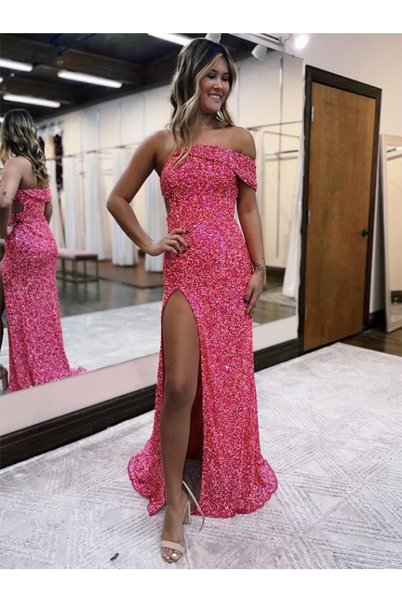 Fucsia Tubino Una spalla Sweep treno Paillettes Velluto Lunga Abiti da ballo Economici