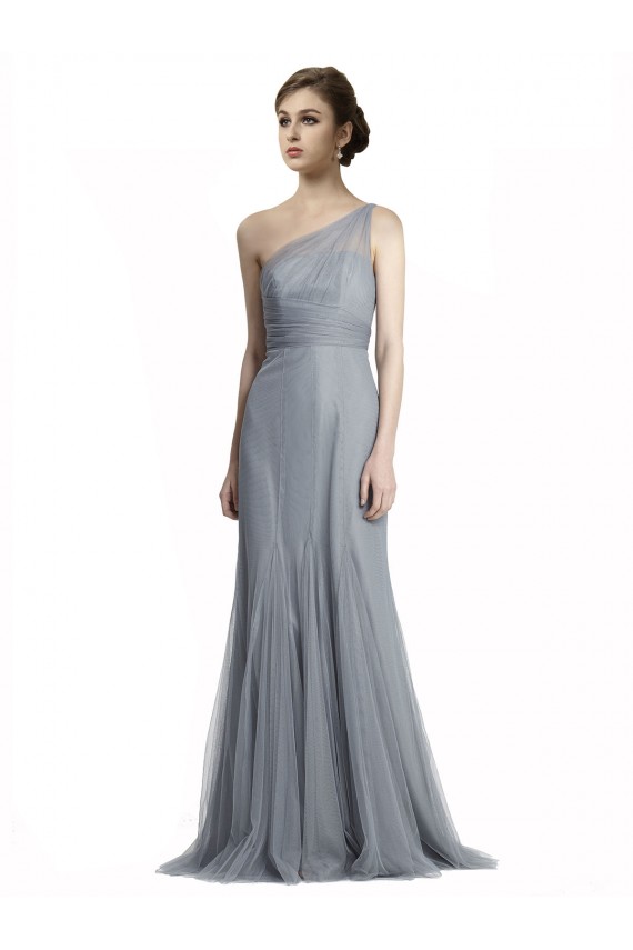 Grigio ardesia Stile sirena Una spalla Tulle Lunga Abiti da damigella donore Economici