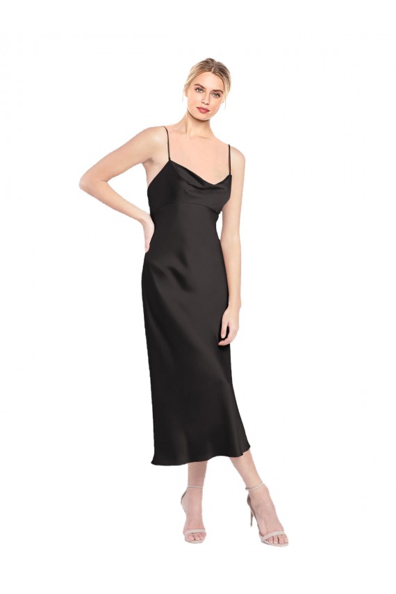 Nero Linea A Sottili Cappuccio Midi Raso Elastico Corto Abiti da damigella donore / Abiti da sera / Abiti da cocktail Economici