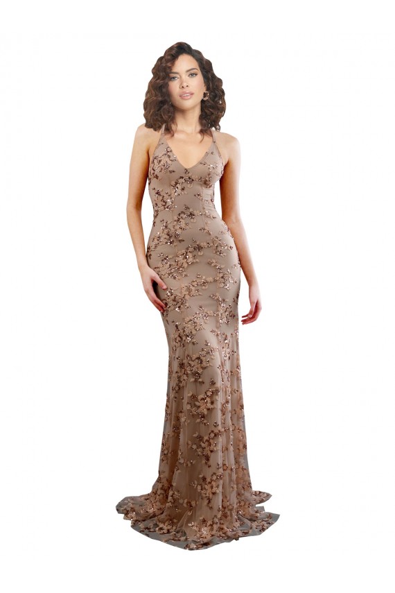 Oro rosa Stile sirena Alto Collo Crespo Elastico Paillettes Tulle Lunga Formali Abiti da damigella donore / Abiti da sera / Abiti da ballo Economici
