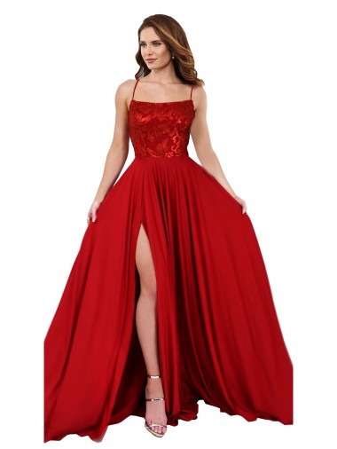 Rosso Linea A Sottili Piazza Spandex Pizzo Lunga Abiti da damigella donore / Abiti da ballo Economici
