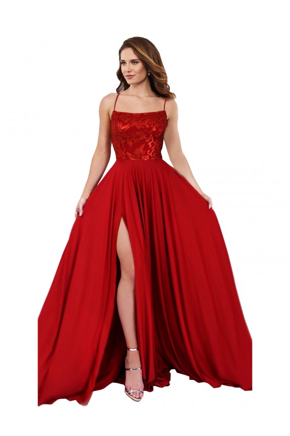 Rosso Linea A Sottili Piazza Spandex Pizzo Lunga Abiti da damigella donore / Abiti da ballo Economici