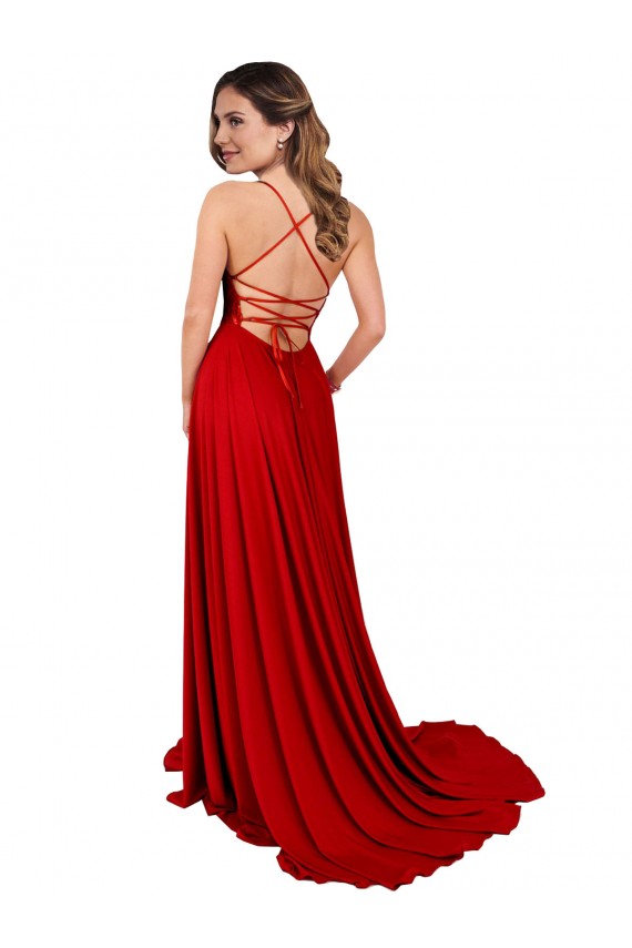 Rosso Linea A Sottili Piazza Spandex Pizzo Lunga Abiti da damigella donore / Abiti da ballo Economici