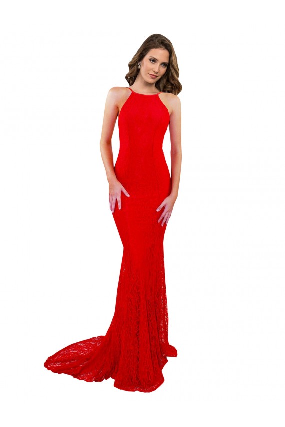Rosso Stile sirena Alto Collo Pizzo Lunga Formali Abiti da damigella donore / Abiti da sera / Abiti da ballo Economici
