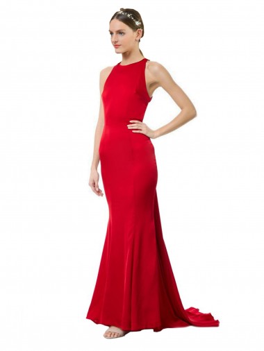 Rosso Stile sirena Capestro Alto Collo Crespo Elastico Lunga Formali Abiti da damigella donore / Abiti da sera / Abiti da ballo Economici