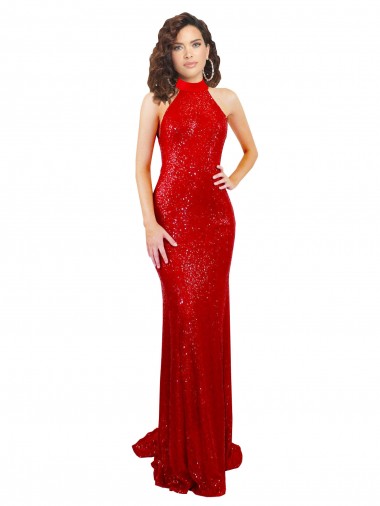 Rosso Stile sirena Capestro Alto Collo Paillettes Lunga Formali Abiti da damigella donore / Abiti da sera / Abiti da ballo Economici