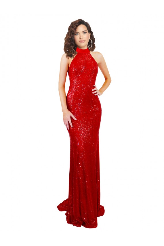 Rosso Stile sirena Capestro Alto Collo Paillettes Lunga Formali Abiti da damigella donore / Abiti da sera / Abiti da ballo Economici