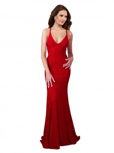Rosso Stile sirena Scollatura a V Pizzo Lunga Formali Abiti da damigella donore / Abiti da sera / Abiti da ballo Economici