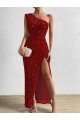 Rosso Tubino Una spalla Paillettes Velluto Lunga Abiti da ballo Economici