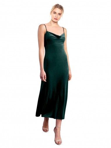 Verde Scuro Linea A Sottili Cappuccio Midi Velluto Elastico Corto Abiti da damigella donore / Abiti da ballo / Abiti da cocktail Economici