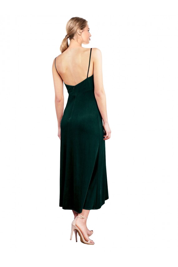 Verde Scuro Linea A Sottili Cappuccio Midi Velluto Elastico Corto Abiti da damigella donore / Abiti da ballo / Abiti da cocktail Economici
