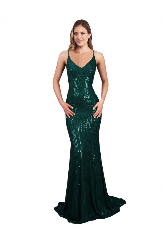 Verde Scuro Stile sirena Scollatura a V Paillettes Lunga Formali Abiti da damigella donore / Abiti da sera / Abiti da ballo Economici
