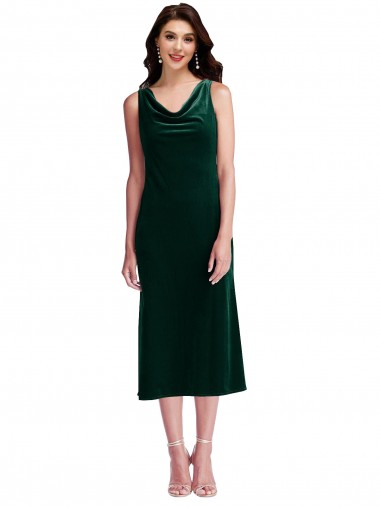 Verde Scuro Tubino Cappuccio Midi Velluto Elastico Corto Abiti da damigella donore / Abiti da ballo / Abiti da cocktail Economici