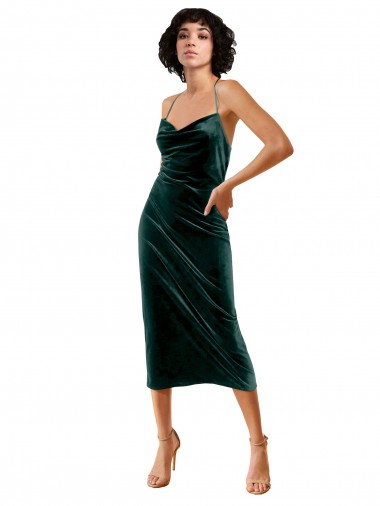 Verde Scuro Tubino Sottili Cappuccio Midi Velluto Elastico Corto Abiti da damigella donore / Abiti da sera / Abiti da cocktail Economici