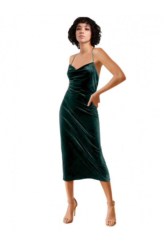 Verde Scuro Tubino Sottili Cappuccio Midi Velluto Elastico Corto Abiti da damigella donore / Abiti da sera / Abiti da cocktail Economici
