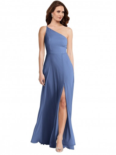 Windsor Blu Linea A Una spalla Chiffona Lunga Formali Abiti da damigella donore / Abiti da sera Economici
